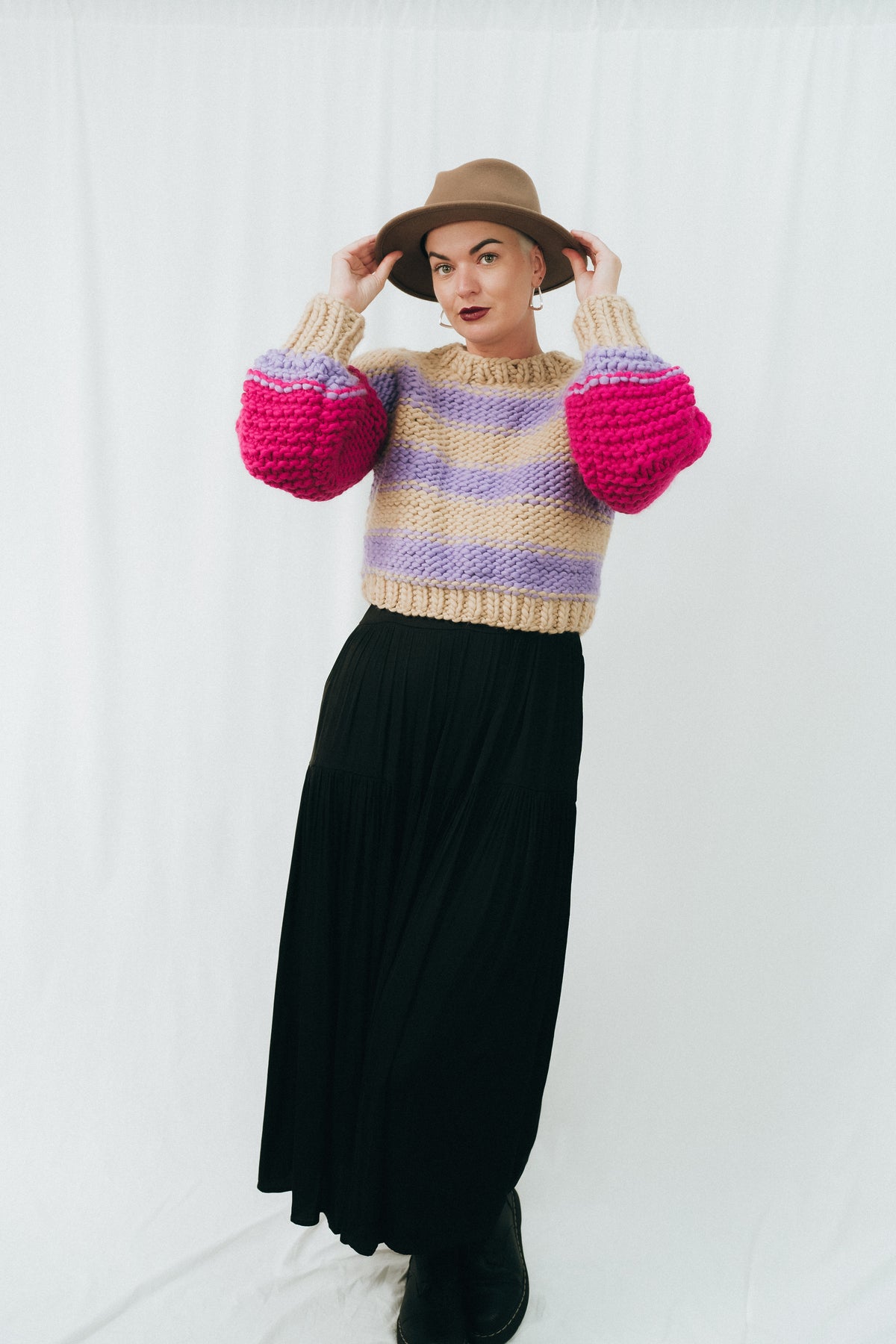 // SAMPLE // Cocoon Crop Jumper // Fuchsia/Latte/Lilac // Chunky Funky Merino // Size 10-12