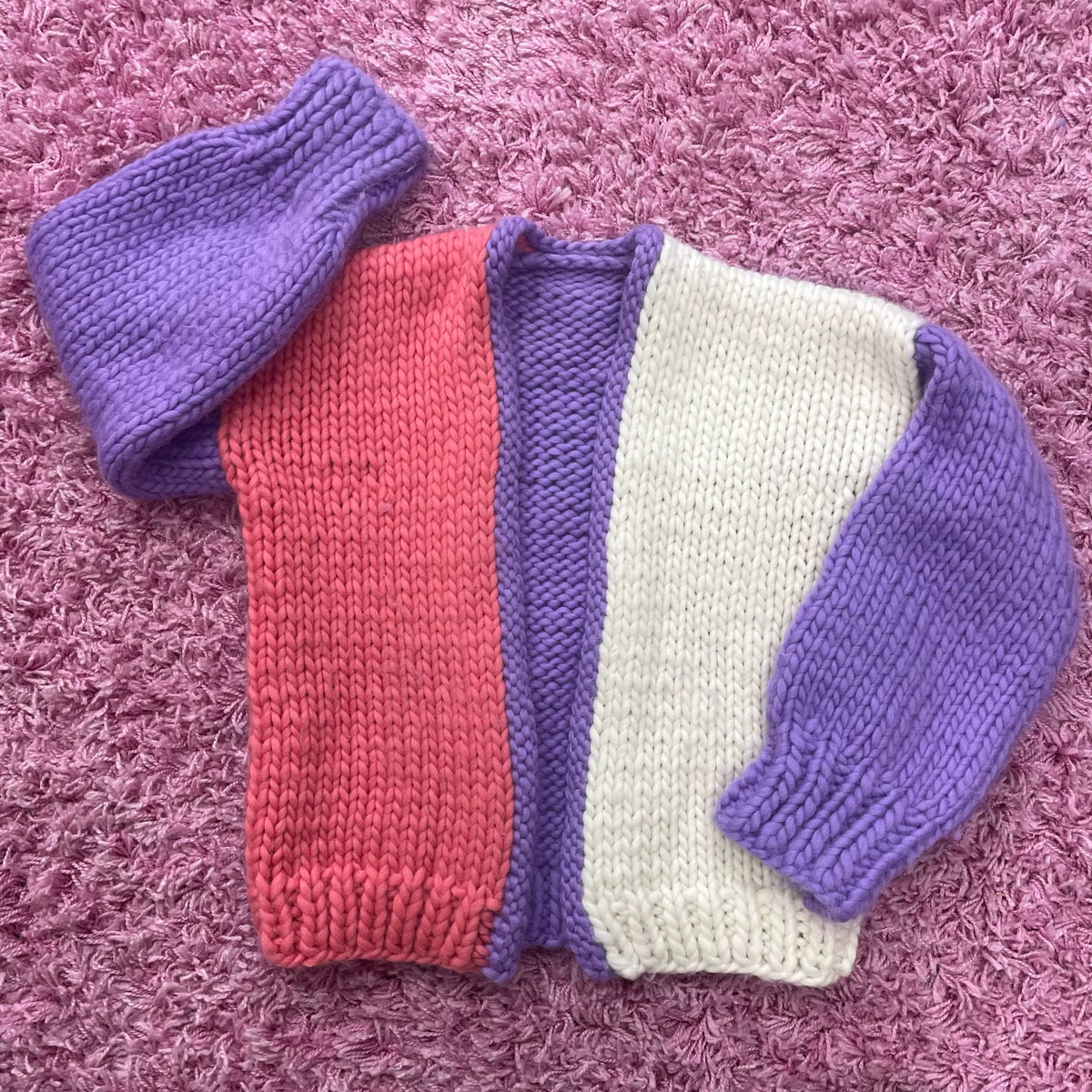 // SAMPLE // Colour Block Cardi // Lilac, White, Coral  // Chunky Funky Merino // Size 10-12