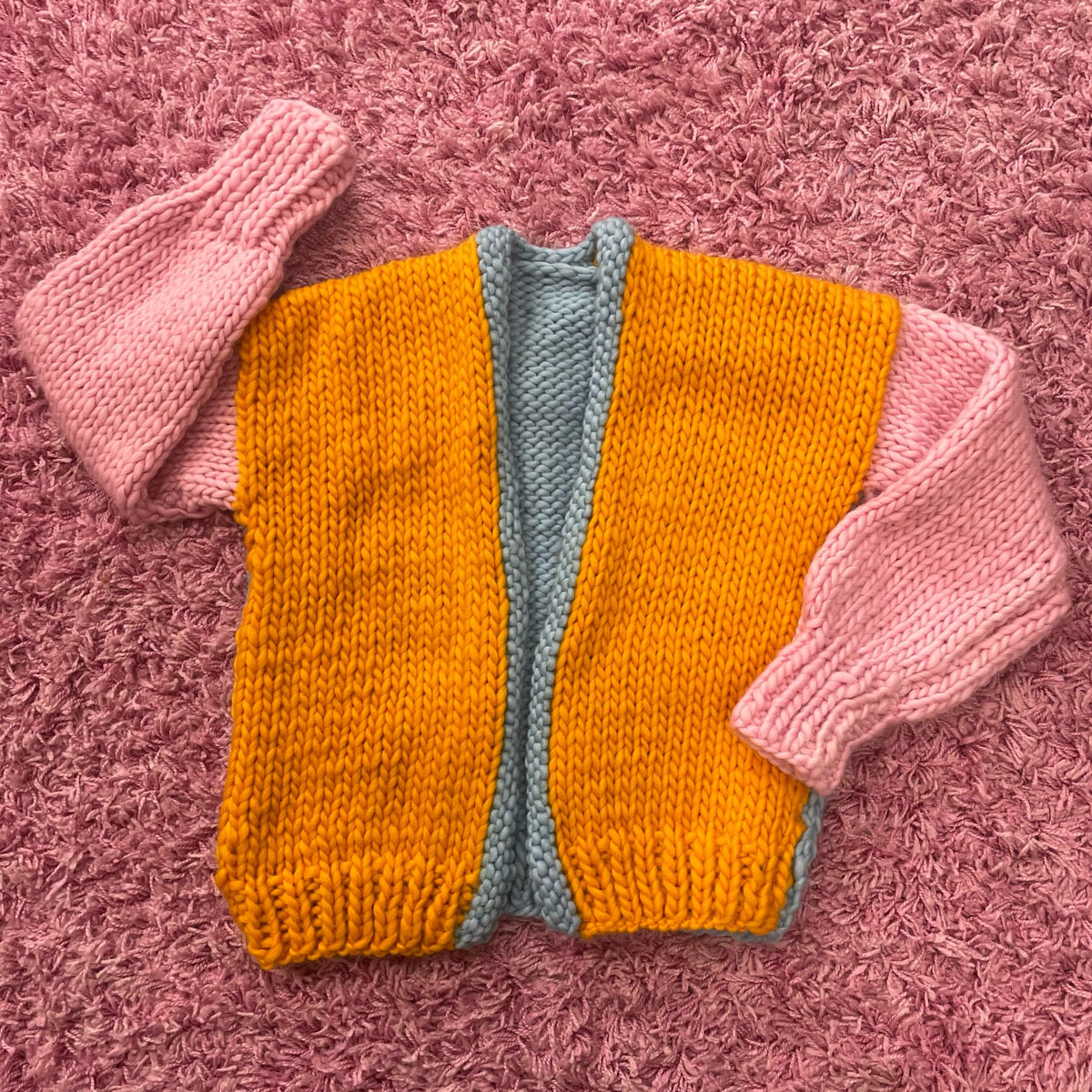 // SAMPLE // Colour Block Cardi // Turmeric, Candyfloss &amp; Ocean Eyes // Chunky Funky Wool // Size 10-12