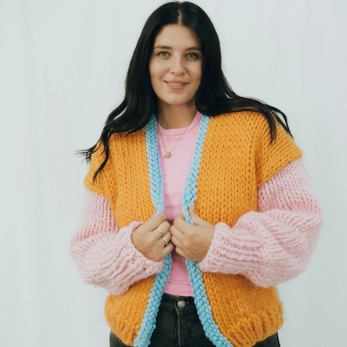 // SAMPLE // Colour Block Cardi // Turmeric, Candyfloss &amp; Ocean Eyes // Chunky Funky Wool // Size 10-12