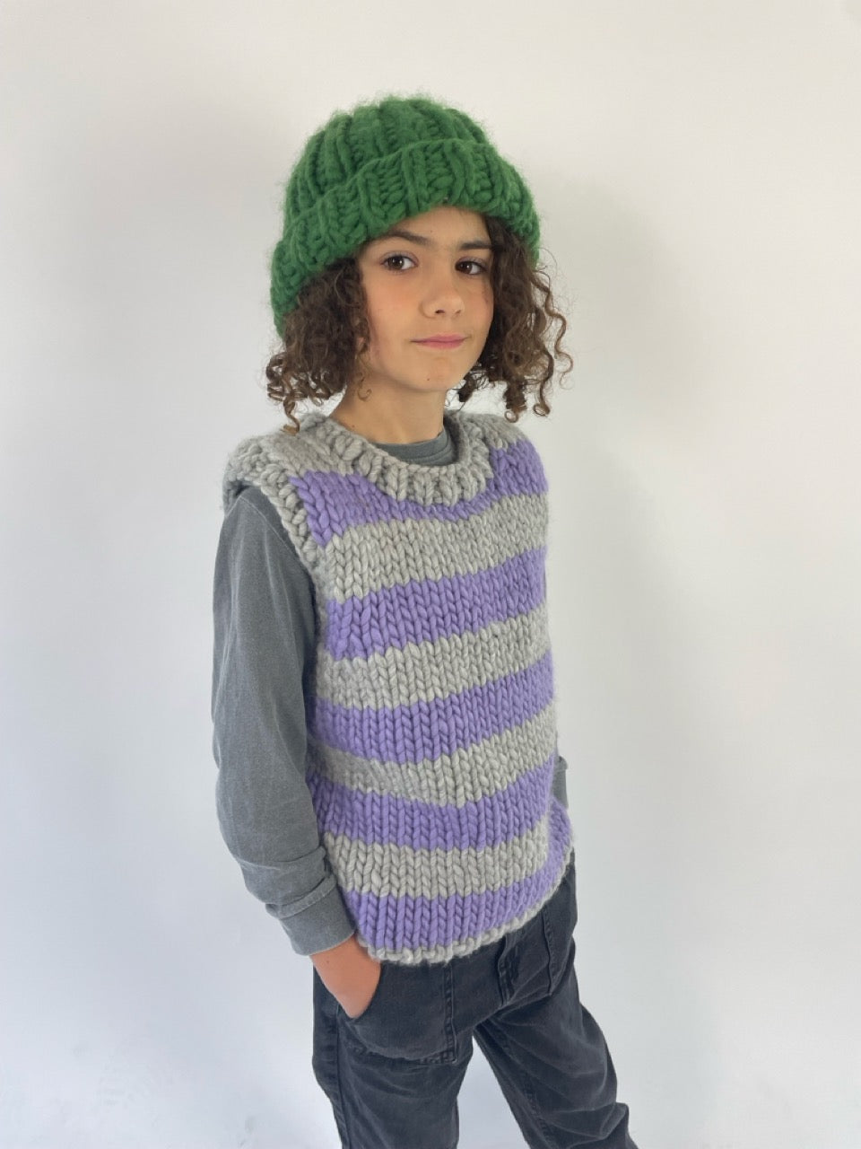 // SAMPLE // Kids Striped Jumper // Lilac/Grey // Chunky Funky Merino // Size 8-9