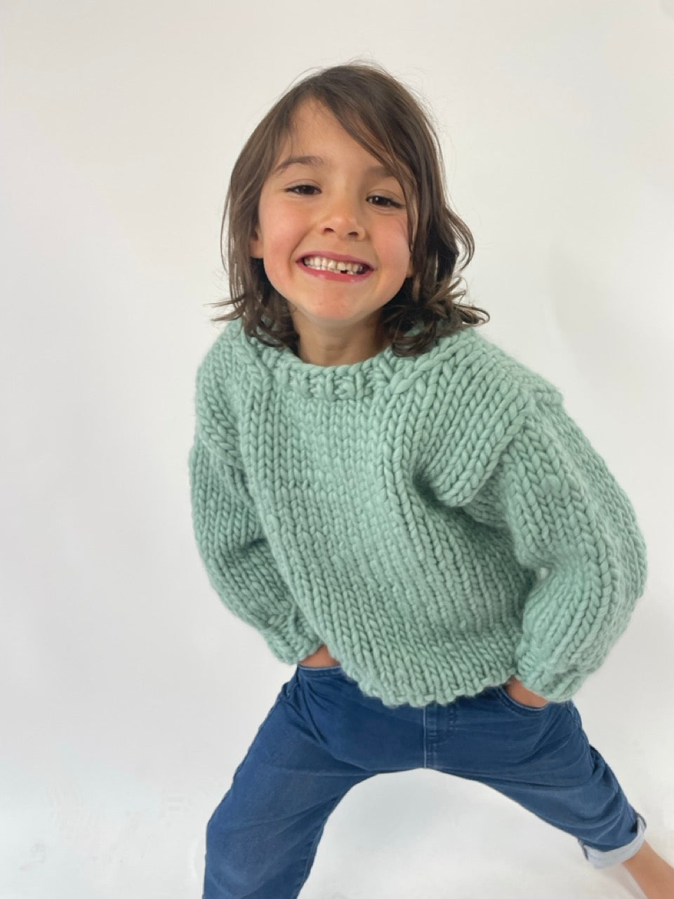 // SAMPLE // Kids Aero-plain Jumper // Sage// Chunky Funky Merino // Size 6-7